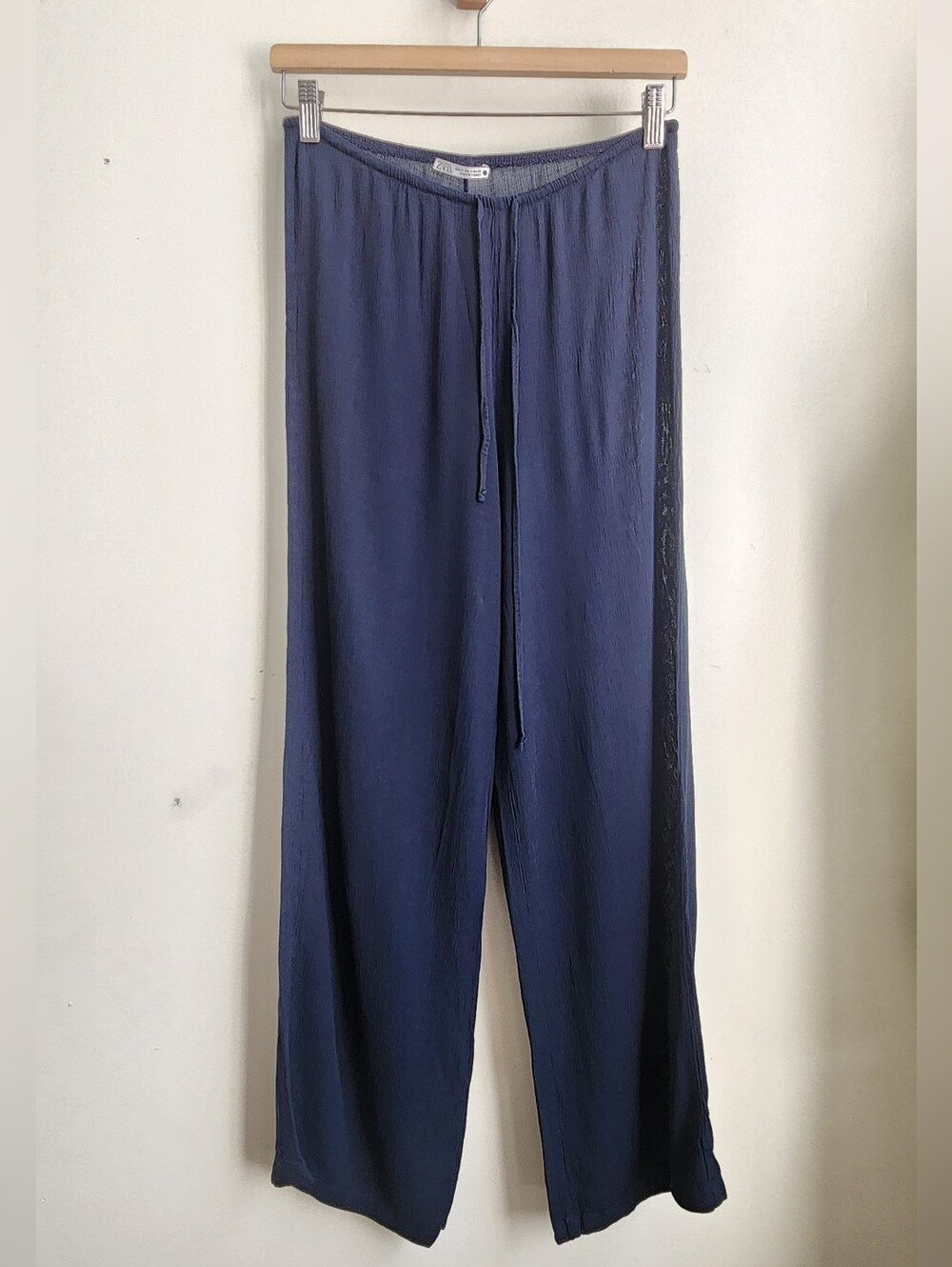 Zara Pull On Crepe Ankle Pants Small Blue Drawstring Lightweight Boho Minimalist